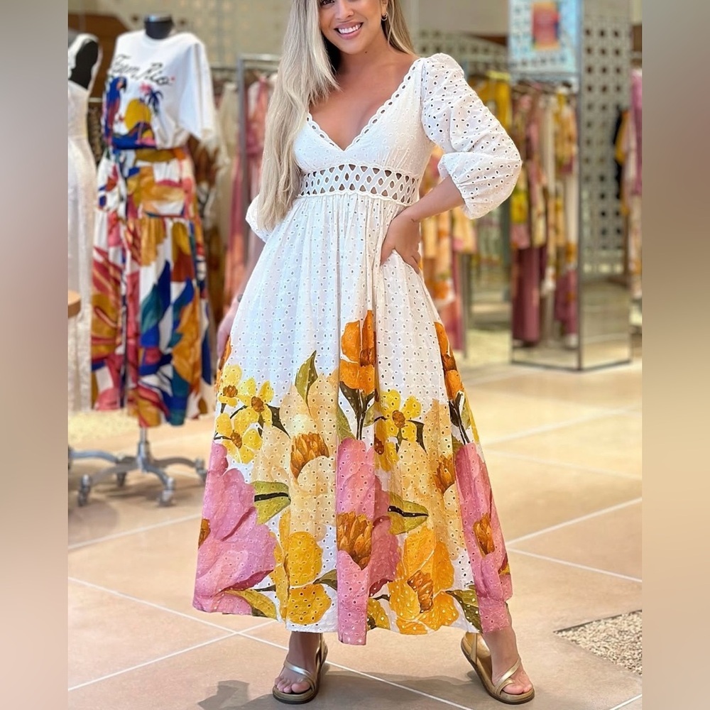 FARM Rio White Bela Dress with Pink and Yellow Floral Design Size M